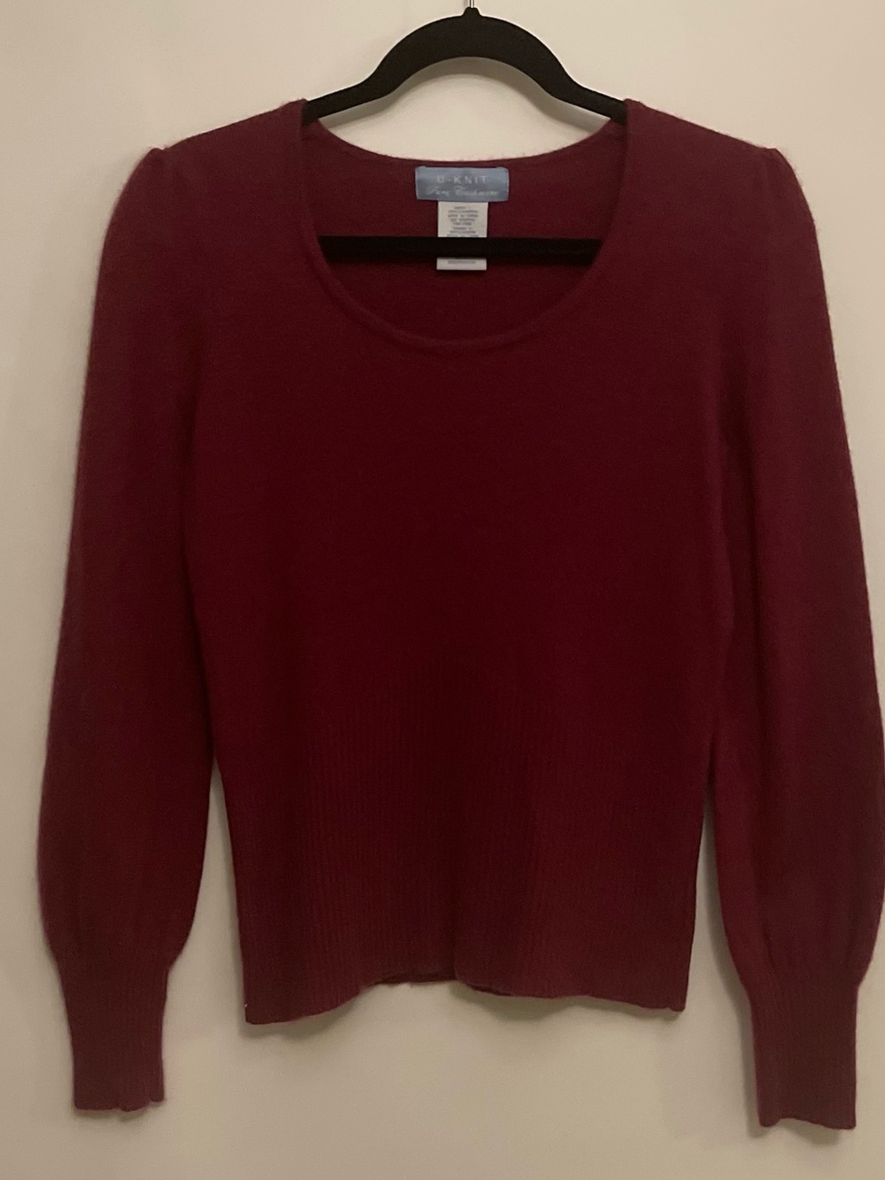 U Knit Burgundy Pure Cashmere Scoop Neck Puff Sleeve Sweater Med
